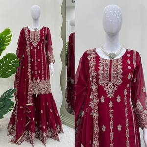 Designer Exclusive Foux Gorgette <b>Top</b> Reversible Sharara with Dupatta for Indian & Pakistani Weddings Parties Diwali Celebrations - Product Image 4