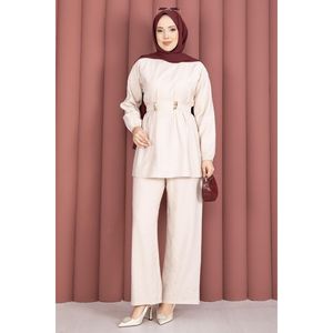 Conjunto de Dos Piezas para Mujer, Estampado Floral Beige, Pantalones Ajustables sin Cuello con Detalle de Broche, Corte Holgado para Verano - Product Image 3