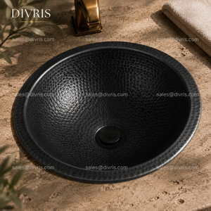 Évier de cuisine DIVRIS DRC-2006, fait main, en aluminium noir mat, rond, à cuve unique, à poser sur le comptoir, design industriel, un trou, 16 pouces - Product Image 4