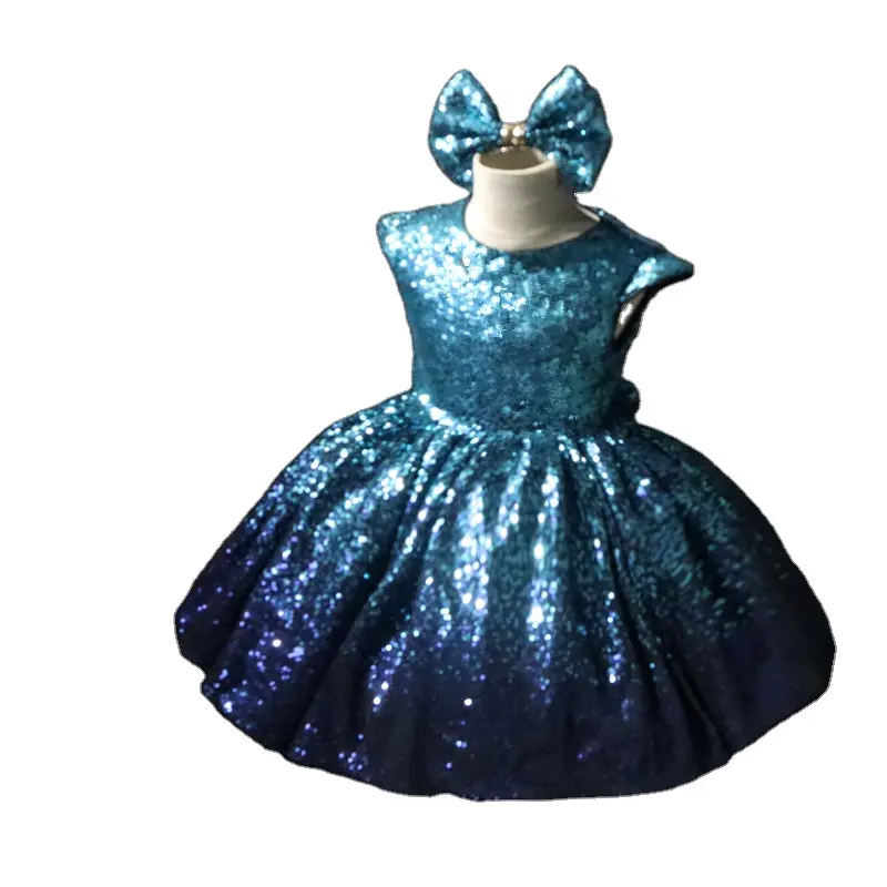 Wedding Children's blue gradient short Princess party dress Girls Fashion show host new Flower Girls' birthday outfits