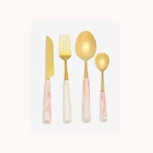 Juego de cubiertos pulidos con espejo plateado de acero inoxidable de diseño real con mango de mármol verde musgo y Negro Juego de cubiertos elegante - Product Image 3