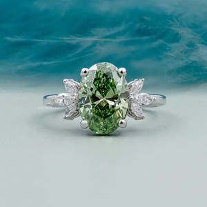 Oval <b>Green</b> Lab Created Diamond <b>Ring</b> with Side Stone in White Gold - Product Image 1