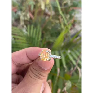 Romantic <b>925</b> <b>Silver</b> Pear Citrine <b>Ring</b> Rose Gold & Gold Plated Set <b>with</b> Natural Gemstones Jade Inlaid Claw Setting for Engagement - Product Image 3