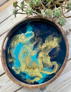 Plateau de service en bois émaillé bleu or abstrait plateau apéritif de cuisine décor à la maison moderne pièce d'accent - Product Image 3