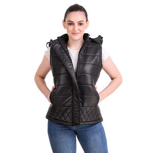 Chaleco con capucha de estilo moderno para mujer, chaqueta sin mangas con cremallera de tela personalizada, disponible en todos los colores - Product Image 2