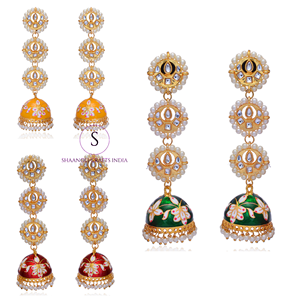 Gold Plated Long Meenakari Brass Kundan Jhumki <b>Earrings</b> Designer Enamel <b>Jhumka</b> <b>Earrings</b> for Women and Girls Wedding Party - Product Image 1