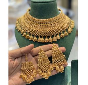 Conjunto de collar y aretes chapados en oro de latón de primera calidad, estilo étnico, para bodas, fiestas y festivales, colección para mujer. - Product Image 1