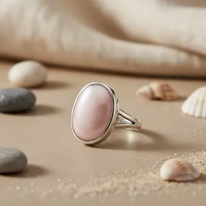 Anillo de cóctel de plata 925 con concha rosa, engaste de bisel, minimalista, para uso diario de mujer - Product Image 1