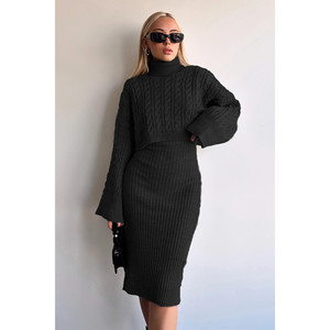 Maglione corto a collo alto nero da donna e vestito a maglia con motivo elegante ed elegante - Product Image 5