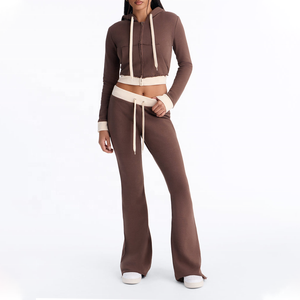 <b>Top</b> Quality Casual Regular Fit <b>Women's</b> <b>Brown</b> Cropped Hoodie With Cream Trim 2Piece Set Full Sleeve Knitted Cotton Distressed Set - Product Image 1
