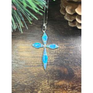 Rhodium-Plated Sterling <b>Silver</b> Cross <b>Pendant</b> with <b>Man</b>-Made Opal Inlay Christian Geometric Charm Jewelry - Product Image 1