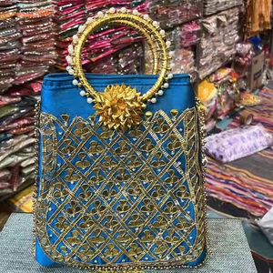 Women's Vintage Style Silk Pattern Embroidered <b>Gota</b> Pati Design Handbag Two Handles and Zipper Closure Tote Shoulder Bag - Product Image 1