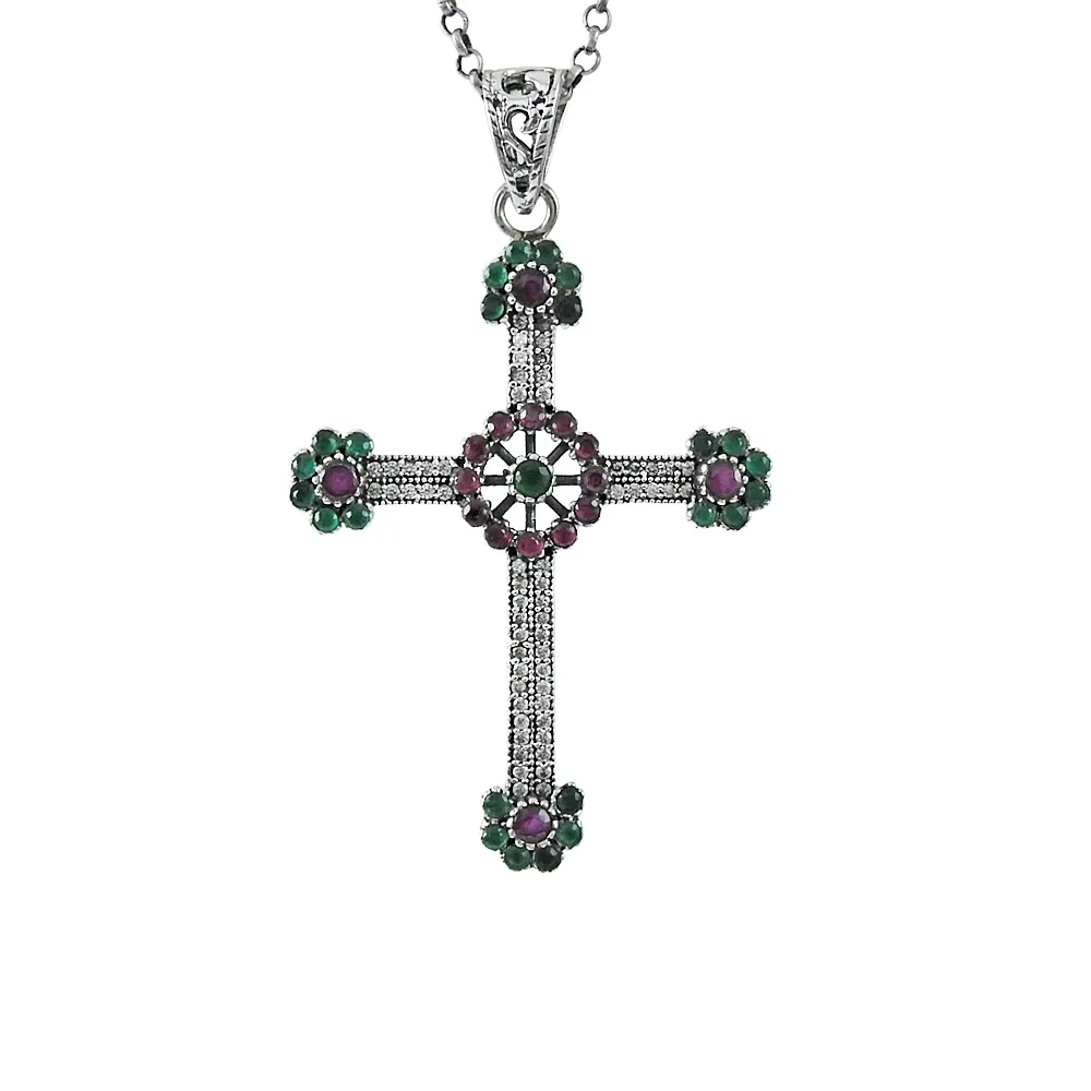 Ciondolo croce personalizzato all'ingrosso Emerald Ruby White CZ Cut Gemstone collana 925 Sterling Silver produttore gioielli di lusso