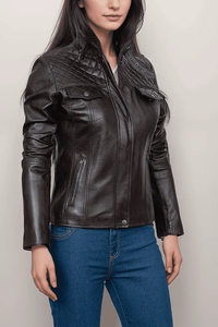 Blouson de moto en cuir noir pour femme, imperméable, respirant, matelassé brut, coupe ajustée, fermeture éclair pour l'hiver et l'automne - Product Image 5