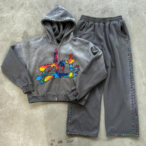 2025 Offre Spéciale hommes deux pièces survêtements graphique bas prix 100% coton sweat à capuche et pantalons de survêtement évasés ensemble de survêtements - Product Image 3