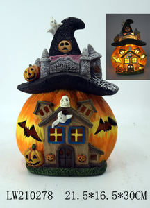 Décoration d'Halloween : Citrouille Jack-O'-Lantern en résine, statue de maison avec chapeau de sorcière, décorations d'Halloween, lumière d'intérieur, lampe de chevet - Product Image 2