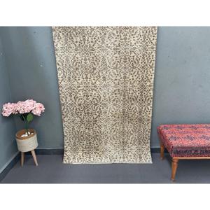 Turkish Vintage Rug, 3.7x6.3 ft Rug, <b>Brown</b> White Bordered <b>Wool</b> Rug - Product Image 1