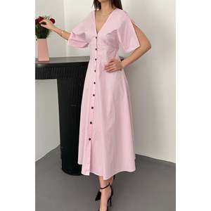Robe en popeline rose boutonnée mi-longue - Rose - Product Image 4