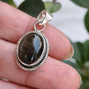 Pendentif artisanal en argent sterling 925 avec obsidienne ovale dorée, bijou en argent sterling 925 fait main, cadeau pour elle - Product Image 3