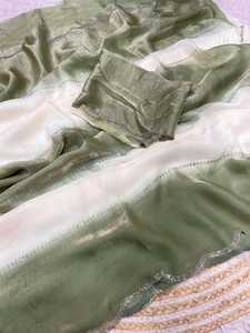 Sari Verde de Satén Fandy con Hermoso Trabajo Zarkhan, Diseño Exclusivo de Diseñador Indio, Blusa Elegante de Última Moda para Adultos, Ropa de Fiesta Nupcial - Product Image 2