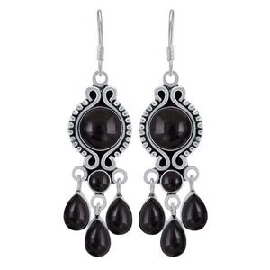 <b>Black</b> Onyx Gemstone <b>Earrings</b> 925 Solid Sterling Silver <b>Earrings</b> <b>for</b> <b>Women</b> and Girls Round Shape Dangle <b>Earrings</b> Silver, Silver - Product Image 1