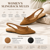 Mules plates d'été pour femmes en cuir PU avec nœud et bout pointu, semelle antidérapante en TPR, personnalisables avec logo OEM