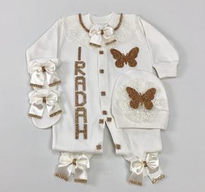 Conjunto de Mameluco para Bebé Niña de Alta Calidad al por Mayor, 100% Algodón, Tejido de Punto, Manga Larga, Cierre de Botones, Aplique de Mariposa Personalizado - Product Image 4