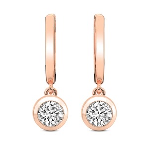 Sleek Round Bezel Lab Grown <b>Diamond</b> <b>Dangle</b> <b>Earrings</b> 1 Ct Tw F-G Color VS Clarity 2 <b>Diamonds</b> 14K White Gold Streamlined Fit - Product Image 2