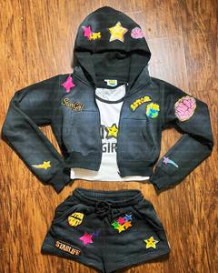 Conjunto de dos piezas de verano para mujer, conjunto de pantalones cortos lavados con ácido con logotipo bordado personalizado, chaqueta estampada, conjuntos de pantalones cortos para mujer - Product Image 4