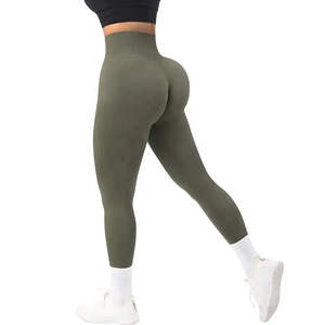 Pantalon de yoga d'entraînement sans couture vert olive taille haute pour femme contrôle du ventre vêtements de sport résistants aux squats avec leggings ajustés à la compression - Product Image 3