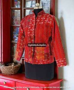 Edredón Kantha Vintage indio rojo hecho a mano de algodón largo bohemio, Hippie, abrigo largo ligero para mujer, chaqueta de invierno para mujer - Product Image 2