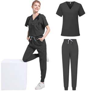 Uniformes médicos para mujeres y hombres, conjuntos de exfoliación de enfermera, cremallera básica Pro, pantalones con cordón superior de 2 piezas, Túnica delgada de satén de Enfermería de brezo - Product Image 6