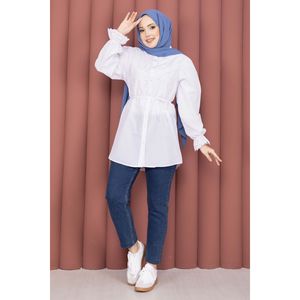 Camisa Blanca con Cordones para Mujer, con Detalle de Fisto, Tela Popelina, Top Largo Chic Casual, Talla XL, Estilo Retro Vintage para Primavera - Product Image 3