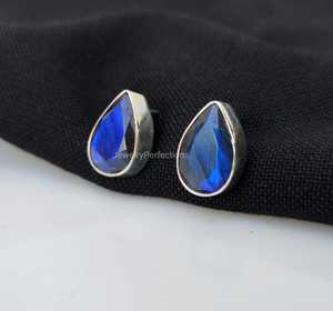 92.5 <b>Sterling</b> <b>Silver</b> Women's Hoop <b>Earrings</b> Attractive Pear Shape Faceted Cut Blue Labradorite Gemstone Stud Party Gifts - Product Image 2