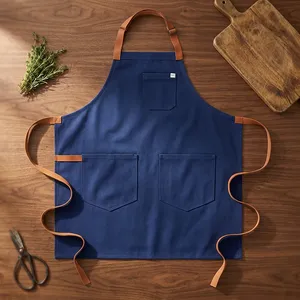 Delantal Clásico de Lona Azul Marino con Tirantes de Cuero, Tres Bolsillos, Reutilizable, Lavable a Máquina, para Cocinar y Uso Diario - Product Image 1