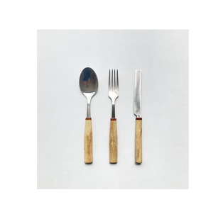 Cuillère à dessert en acier inoxydable et fourchette Cuillère à dessert et fourchette Barre ronde avec manche en bois Design fait à la main - Product Image 2