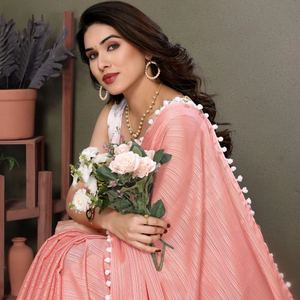 Summer Collection Perfect <b>Satin</b> Saree with Embroidery Work <b>Blouse</b> and Pum Pum Lace Plain Design for Adults - Product Image 1