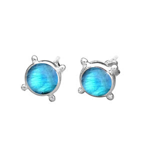 Labradorita-pendientes de plata de ley 925 con gema redonda, piedra lisa de 8mm con cierre de tuerca 925, joyería estampada al por mayor - Product Image 1