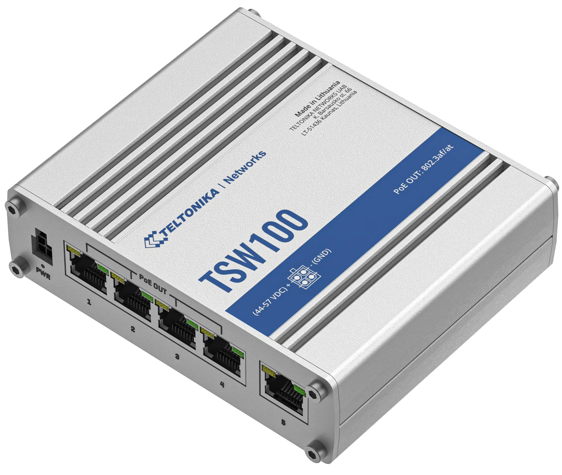 Teltonika TSW100 DIN Rail SWITCH 5x10/100/1000 Mbps พอร์ตแลนกิกะบิตอีเธอร์เน็ตสวิตช์รองรับการจ่ายไฟผ่านอีเธอร์เน็ต