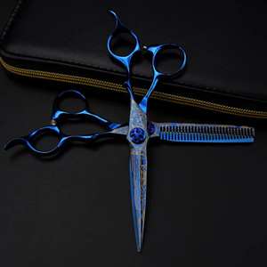 Juego de tijeras de corte de pelo de acero inoxidable con patrón de Damasco de cristal azul de alta calidad, 2 uds., tijeras de adelgazamiento compatibles con OEM - Product Image 5