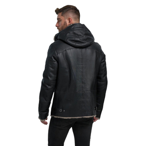 Custom Men Genuine Sheep Skin Winter Jacket Hooded Zip Outerwear Sherpa Lined Warm Eco-Friendly Breathable Casual <b>Coat</b> OEM - Product Image 6