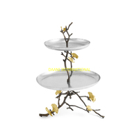Vaisselle à 2 niveaux en argent avec branche d'arbre et feuille d'or Design Cupcake Dessert Fruit Tray for Parties Decor