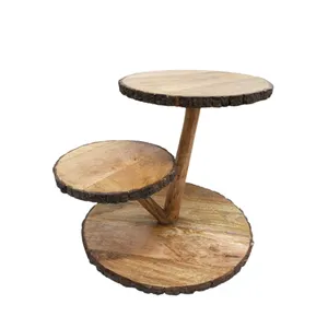Mango Wood Latest Design 2 Tier Round Cake Stand With Folding Natural Colour Modern Style Tray For Event & Table Top Decoration