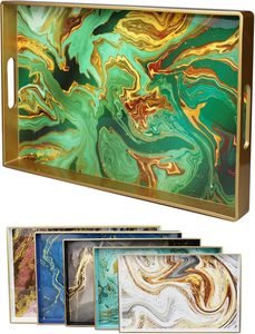 Plateau décoratif en bois traditionnel à marbrure verte, poignées modernes rectangulaires pour table basse de mariage, utilisation écologique, gravure - Product Image 6