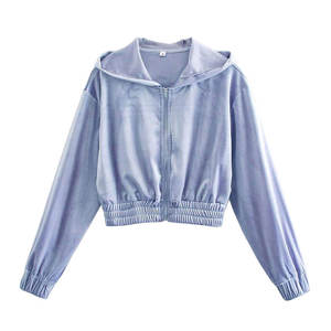 Nueva tendencia Mujeres Impreso de punto Crop Hoodies Elegante Drop-Shoulder Colores sólidos Venta de alta calidad - Product Image 1