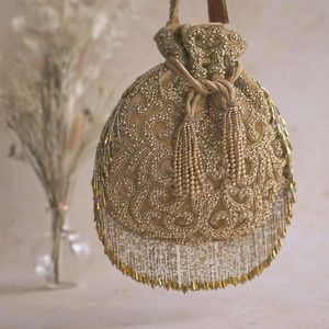 NEW DAZZLING HEAVY EMBROIDERY on SILK POTLI BAGS EMBELLISHED CRYSTAL GLASS BEADS,PEARLS WORK for PARTY-WEAR/<b>WEDDING</b> @ 2024 - Product Image 1