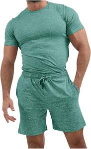 Conjunto deportivo informal de verano para hombre, camiseta y pantalones cortos de manga corta de punto de algodón 100% transpirable, conjunto sólido de 2 piezas - Product Image 6