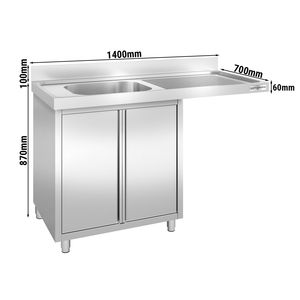 Évier de lave-vaisselle professionnel avec armoire PREMIUM - 1400x700mm - 1 bac, bac à gauche - Product Image 2