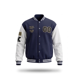 เสื้อแจ็คเก็ตวาร์ซิตี้ผู้ชาย ผ้าฝ้ายผสมขนสัตว์ ปักลายเชนิลล์แบบกำหนดเอง แขนเสื้อเคลือบผิว สไตล์วินเทจลำลอง ระบายอากาศได้ดี รับผลิตแบบ OEM/ODM - Product Image 1