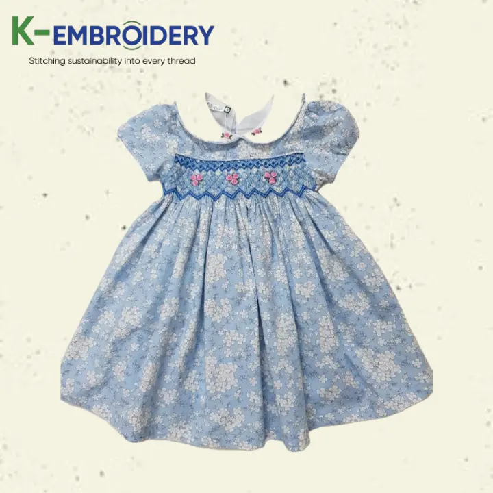 Ropa para niños ahumada, vestido con patrón Floral azul para bebés, monos, ropa para niños de alta calidad, bordado K